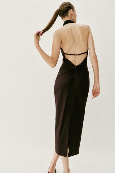 ROBE MI-LONGUE EN LIN À ENCOLURE AMÉRICAINE - Marron foncé de Zara - Image 2