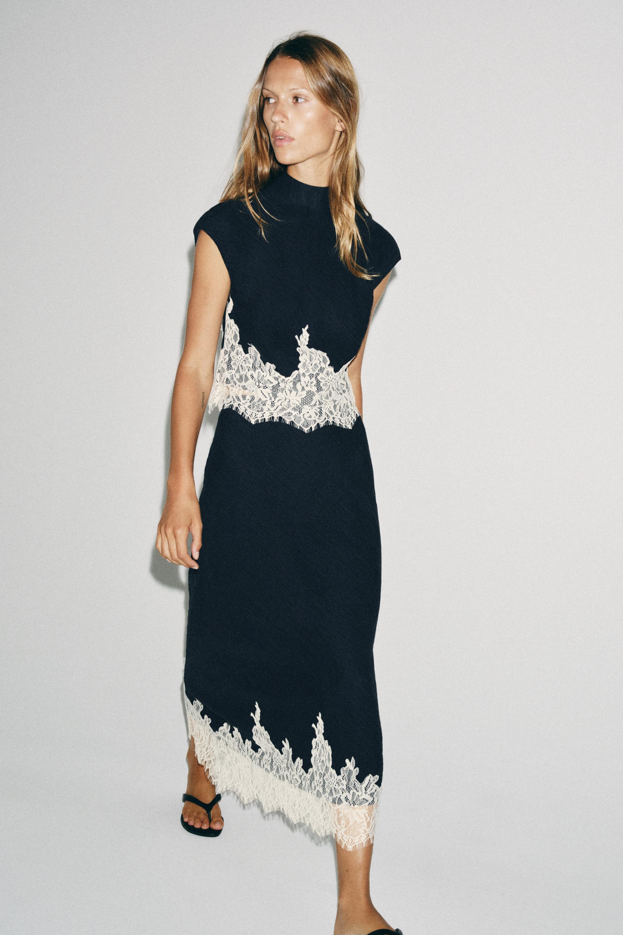 LACE TRIM MIDI SKIRT — Navy / White