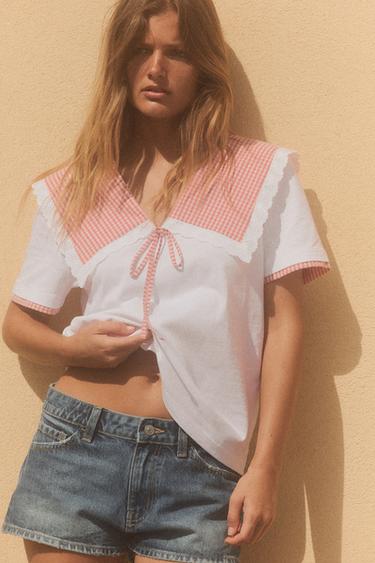 Zara GINGHAM CHECK COMBINATION T-SHIRT - White / Red