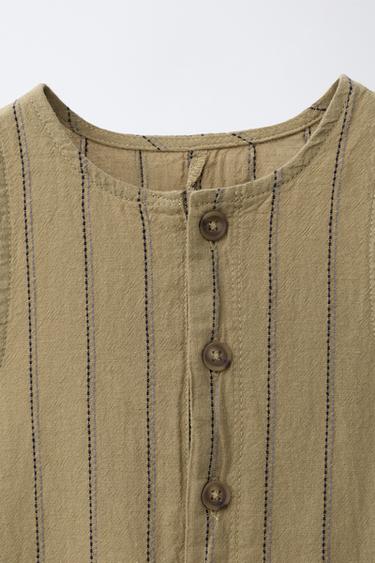 LONG STRIPED COTTON LINEN DUNGAREES - Khaki by Zara - Image 2