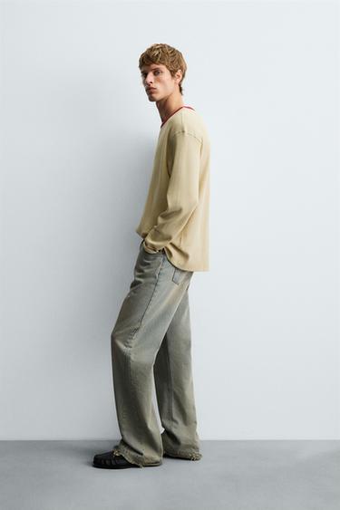 CONTRAST CHECKERED WAFFLE-KNIT T-SHIRT - camel by Zara - Image 3
