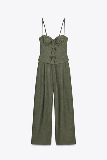 LINEN BLEND STRAPPY JUMPSUIT WITH BOWS - Zara-ს Khaki