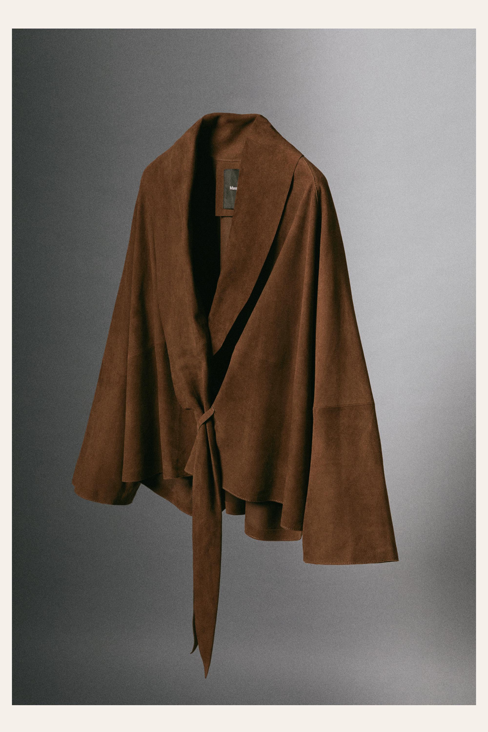 Suede leather wrap kimono — Mink marl