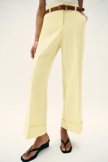Zara BELTED CUFFED HEM PANTS - Light yellow