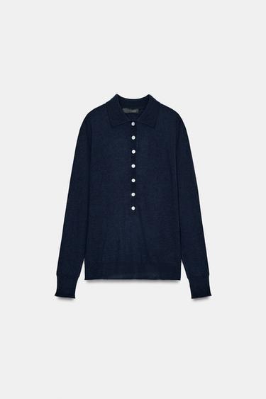 Zara FINE KNIT WOOL POLO SHIRT - Navy blue