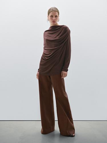 Zara Long top with draped detail - Studio - Brown - Image 0
