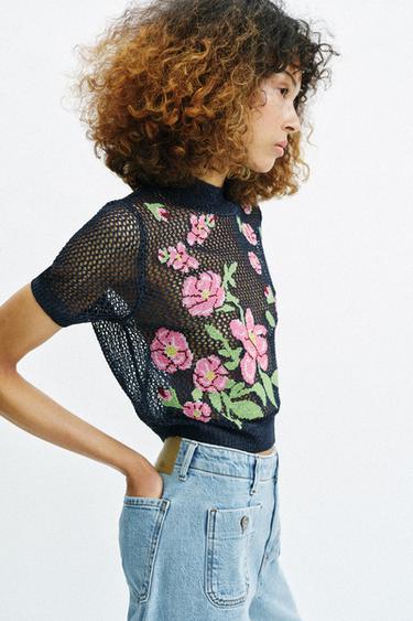 KNIT TOP WITH FLORAL EMBROIDERY - Blue by Zara - Image 3