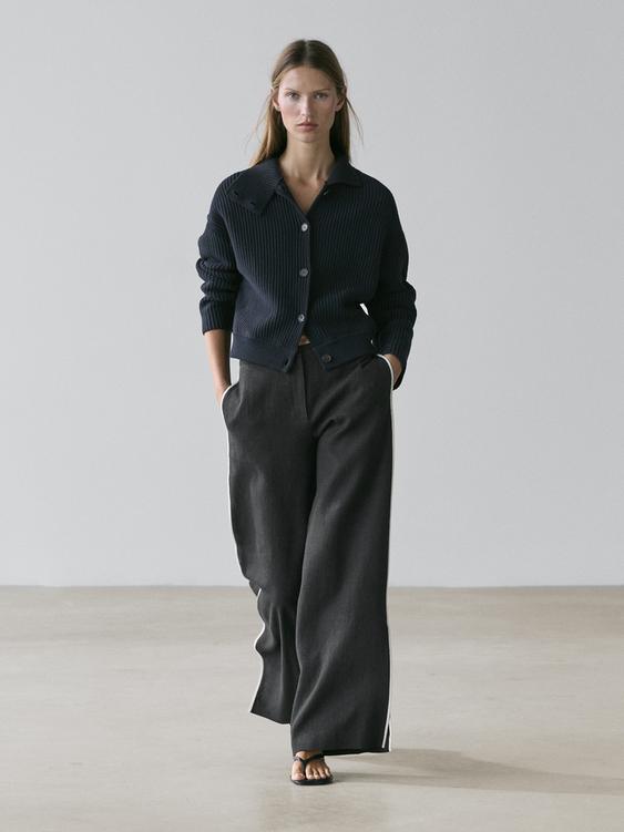 Linen trousers with contrast piping