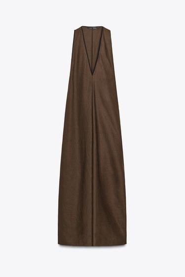 Zara ZW COLLECTION LINEN BLEND MIDI DRESS - Chocolate