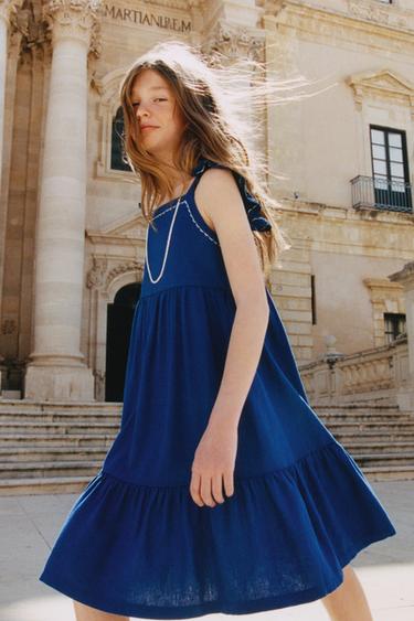 VESTIDO PESPUENTES CON LINO - Azulón de Zara