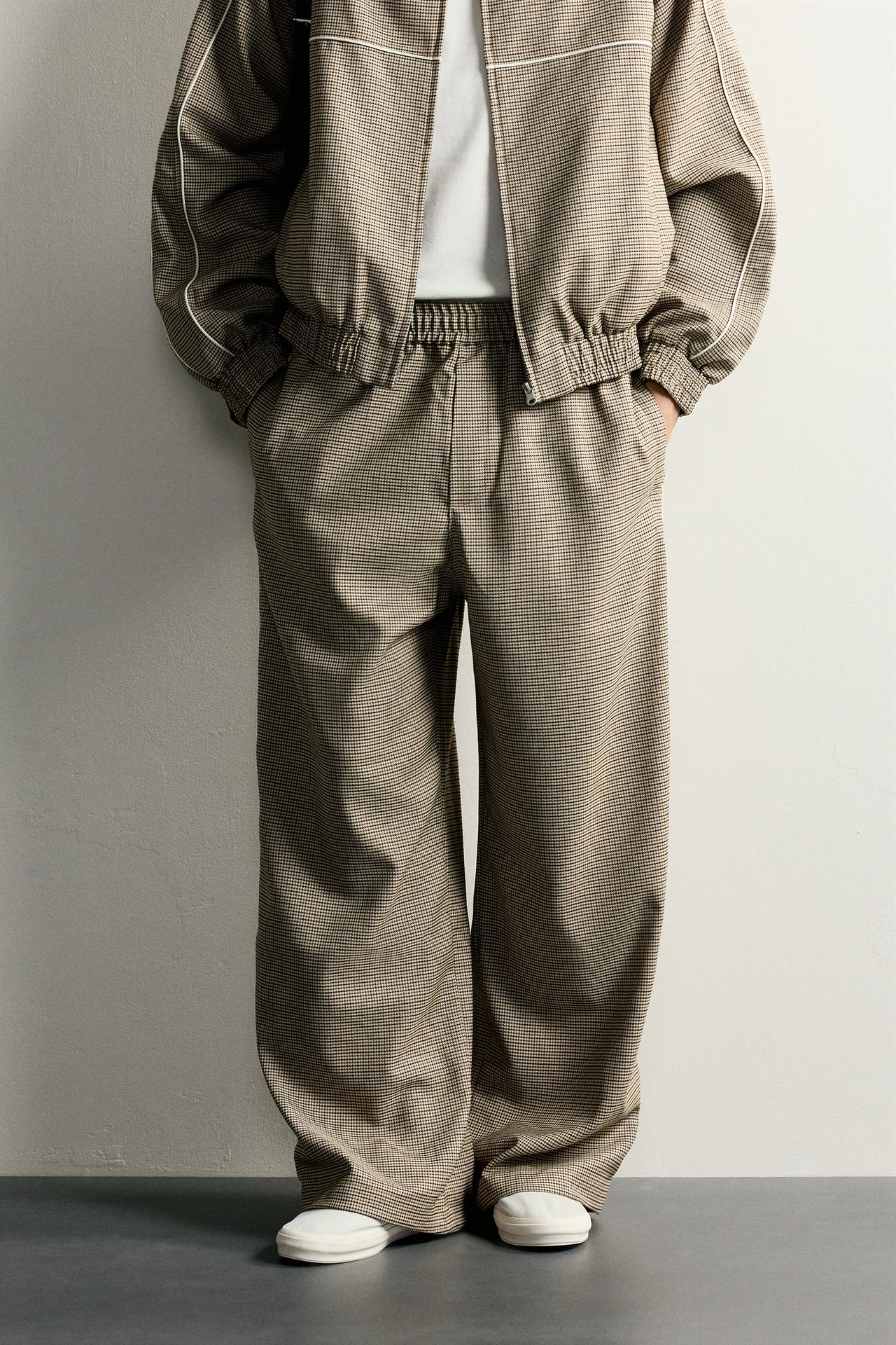 CONTRAST HOUNDSTOOTH RELAXED-FIT PANTS — Beige