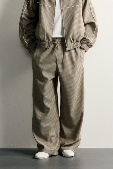 CONTRAST HOUNDSTOOTH RELAXED-FIT PANTS — Beige 2