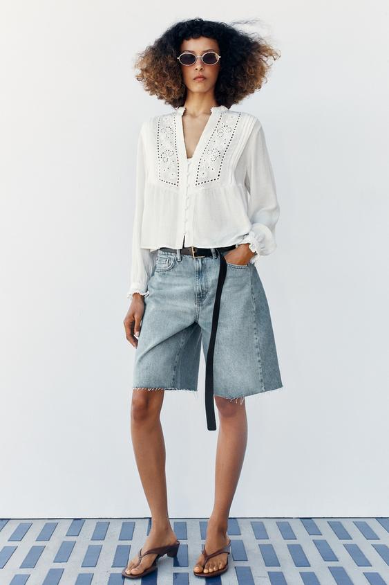 BLUSA CROP BORDADOS PERFORADOS - Blanco de Zara - Imagen 0