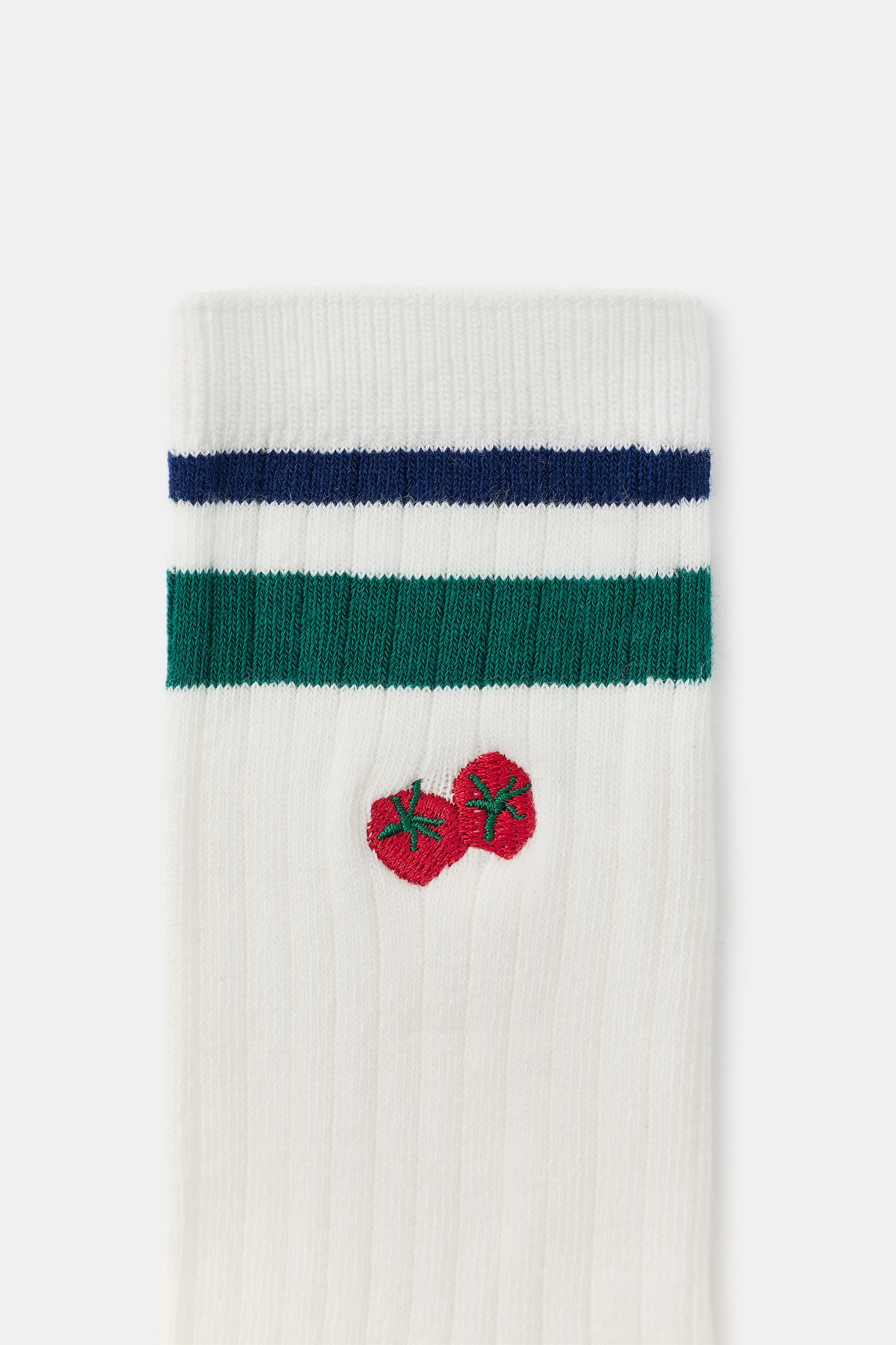 CHAUSSETTES CANNELÉES À RAYURES BRODÉES TOMATES