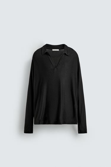 SEMI-SHEER LYOCELL POLO SHIRT - Black by Zara