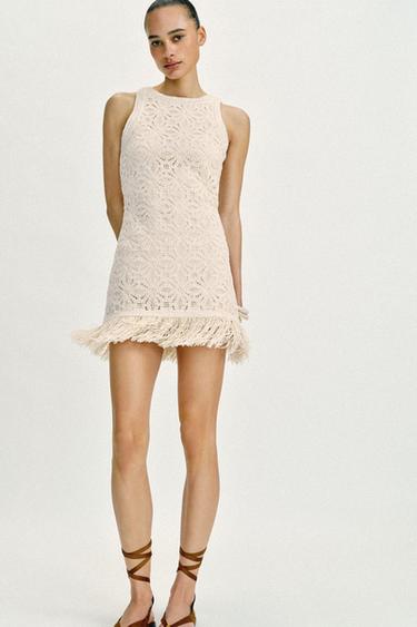 VESTITO CORTO CROCHET CON FRANGE - Beige chiaro di Zara