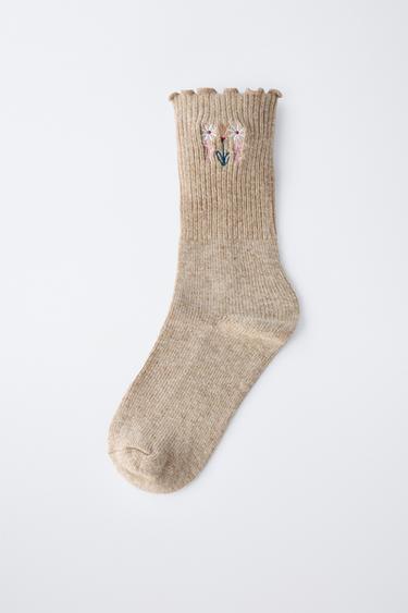KNIT EMBROIDERED FLOWER SOCKS - Beige by Zara - Image 3