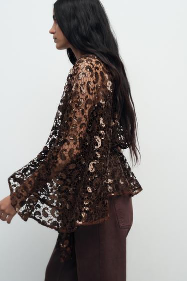 SEQUIN BELT KIMONO - Brown by Zara - Image 0