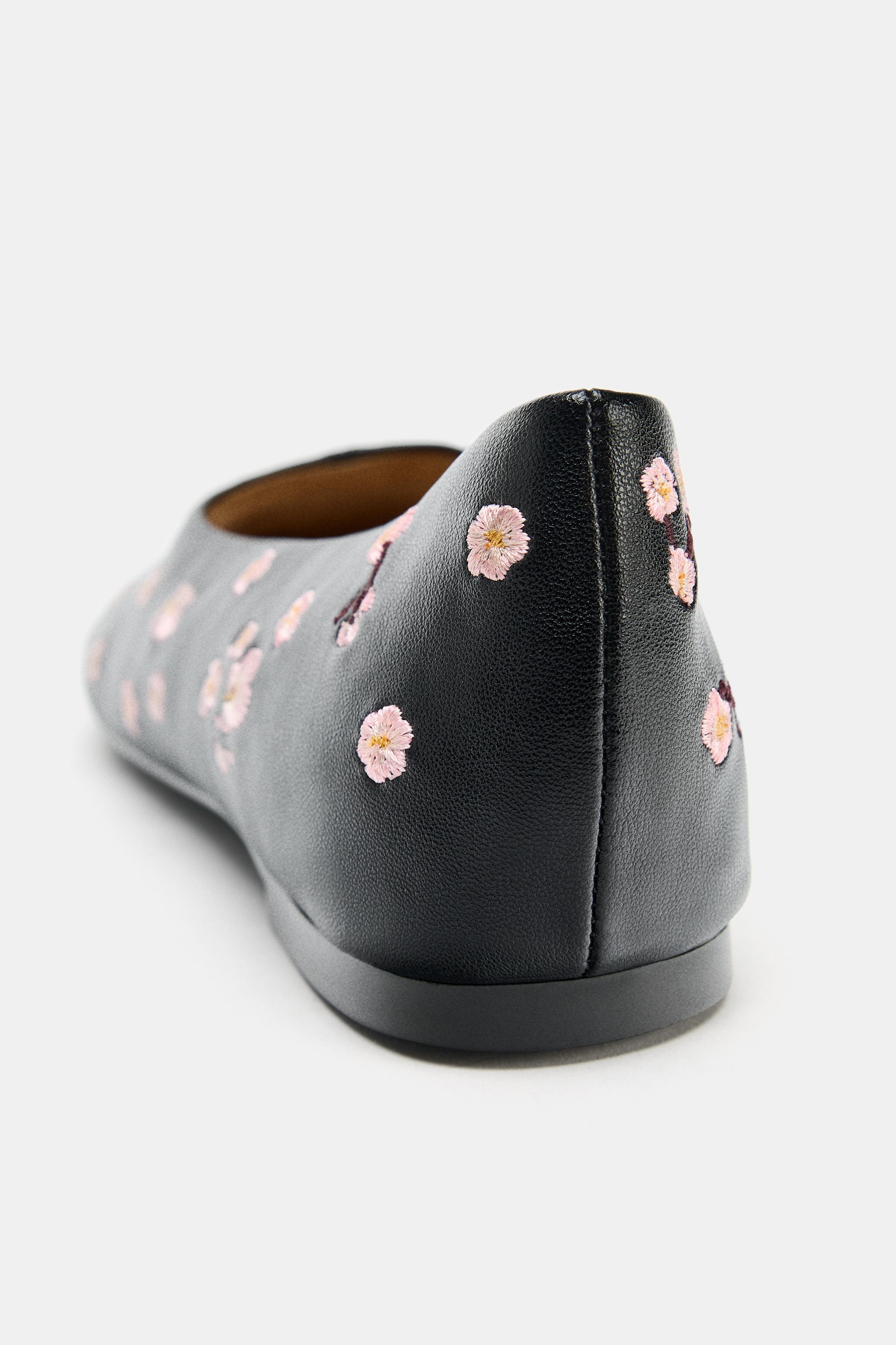 刺繍入りフラットバレリーナシューズ - ブラック | ZARA Japan / 日本