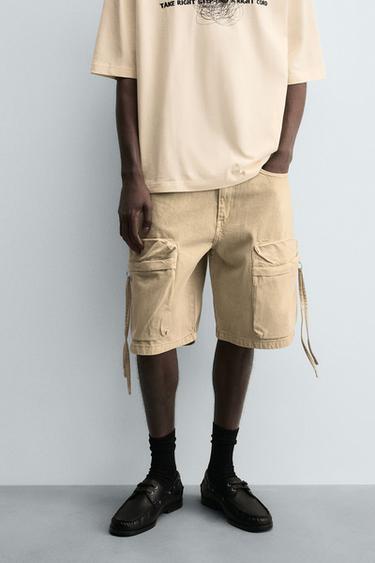 Zara CARGO DENIM SHORTS - Beige