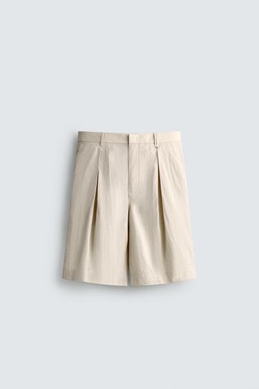 Zara 打褶寬管短褲 - 米色 - 圖片 0