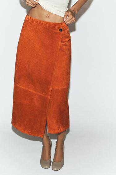 100% SUEDE LEATHER WRAP MIDI SKIRT - Orange by Zara