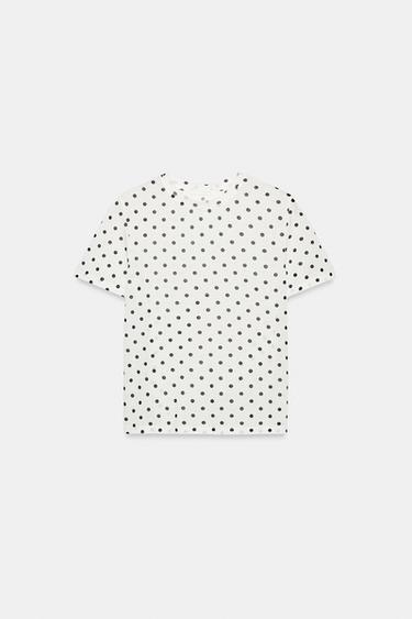 Zara SHORT SLEEVE POLKA DOT T-SHIRT - Ecru / Black