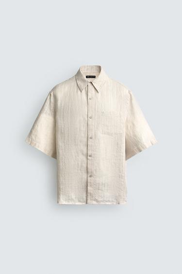 Zara 100% 亞麻條紋提花襯衫 - 米色