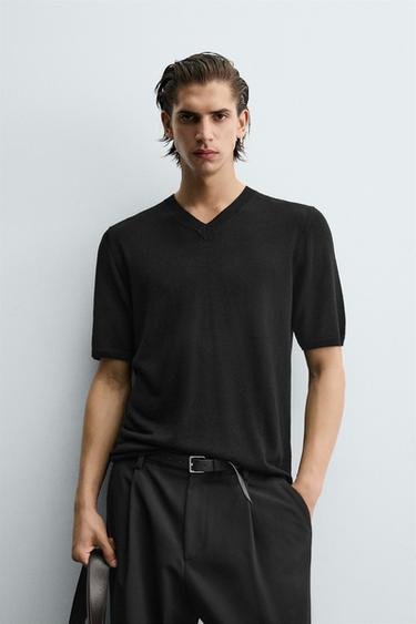 Zara V-NECK KNIT T-SHIRT - Black