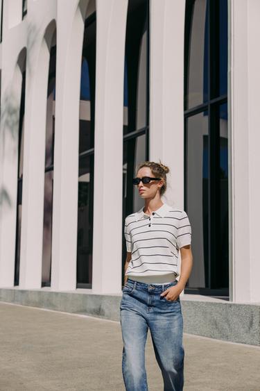 SHORT SLEEVE KNIT POLO TOP - striped by Zara