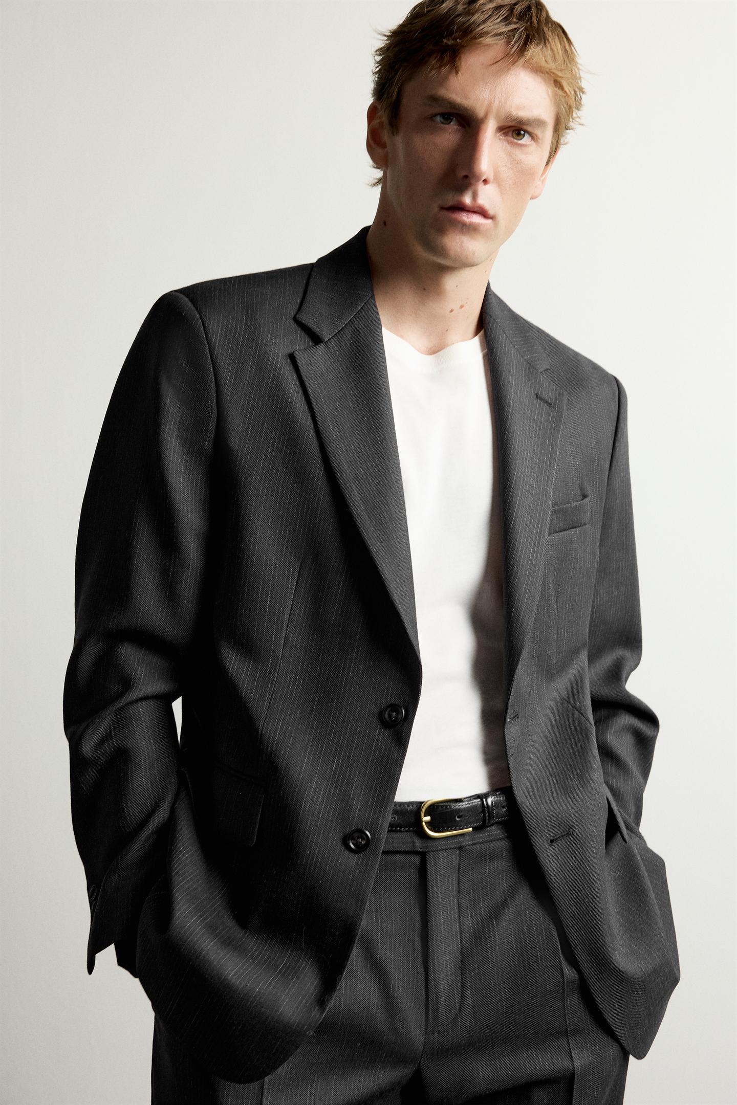 Мужской пиджак Zara 100% Wool Striped Suit Blazer Manteco®, цвет: Антрацитовый серый — фото 6