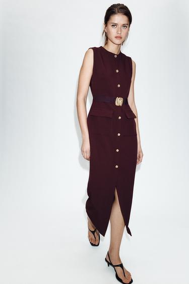 CREPE MIDI DRESS WITH BELT - Burgundy by Zara
