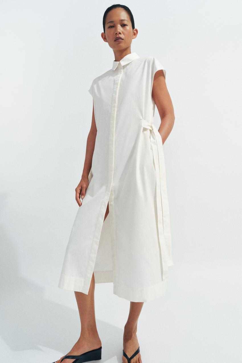 Zara - Tied Shirt Dress Zw Collection - White - Xs - Woman Zara - Tied Shirt Dress Zw Collection - White - Xs - Woman