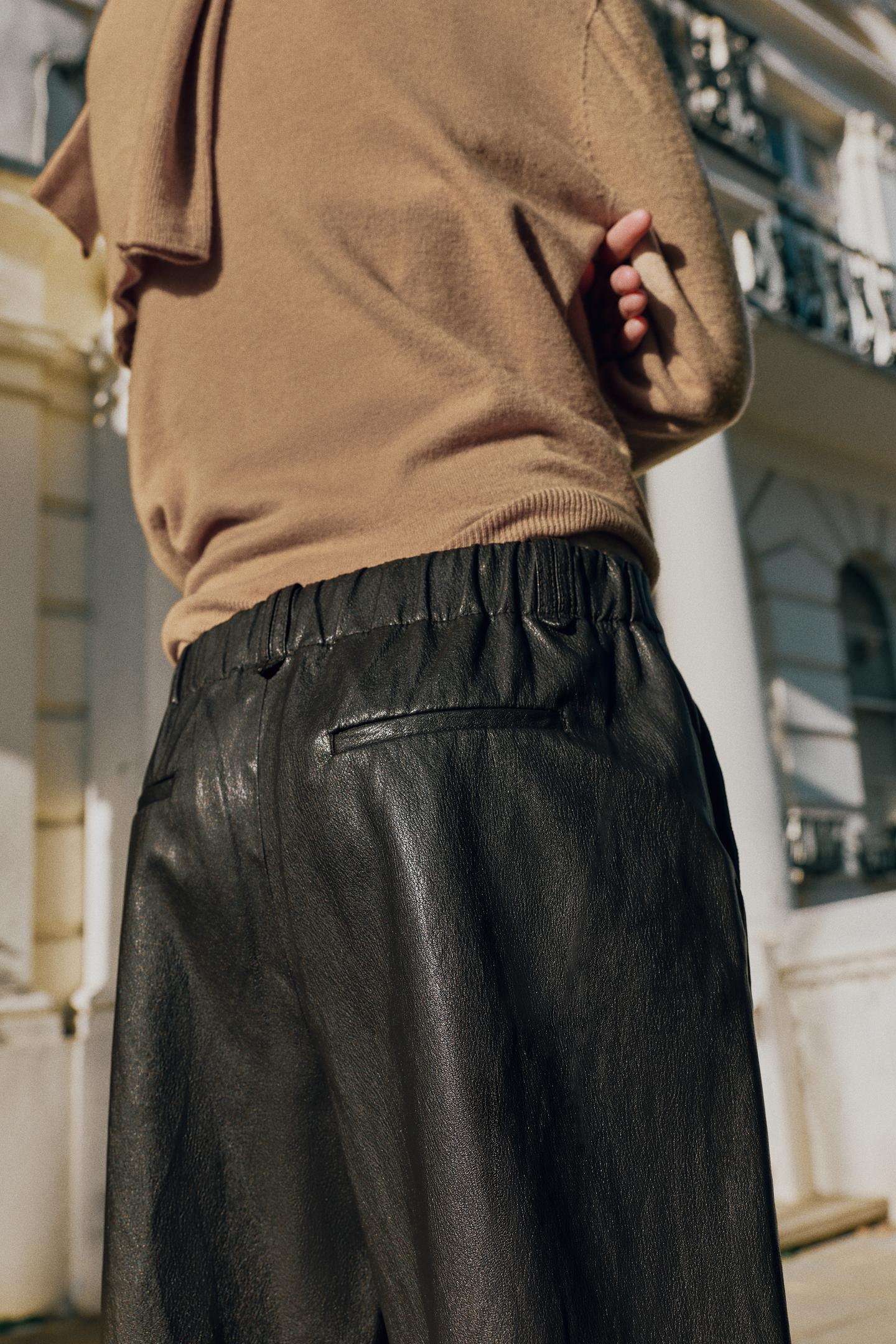 Женские брюки Zara Faux Leather Seam, цвет: Коричневый — фото 7
