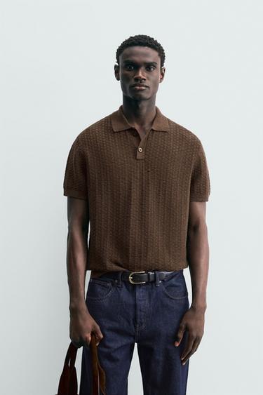 Zara TEXTURED KNIT POLO SHIRT - brown vigore