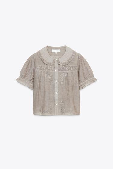 CHEMISE COL CLAUDINE BRODERIES - Marron de Zara - Image 3
