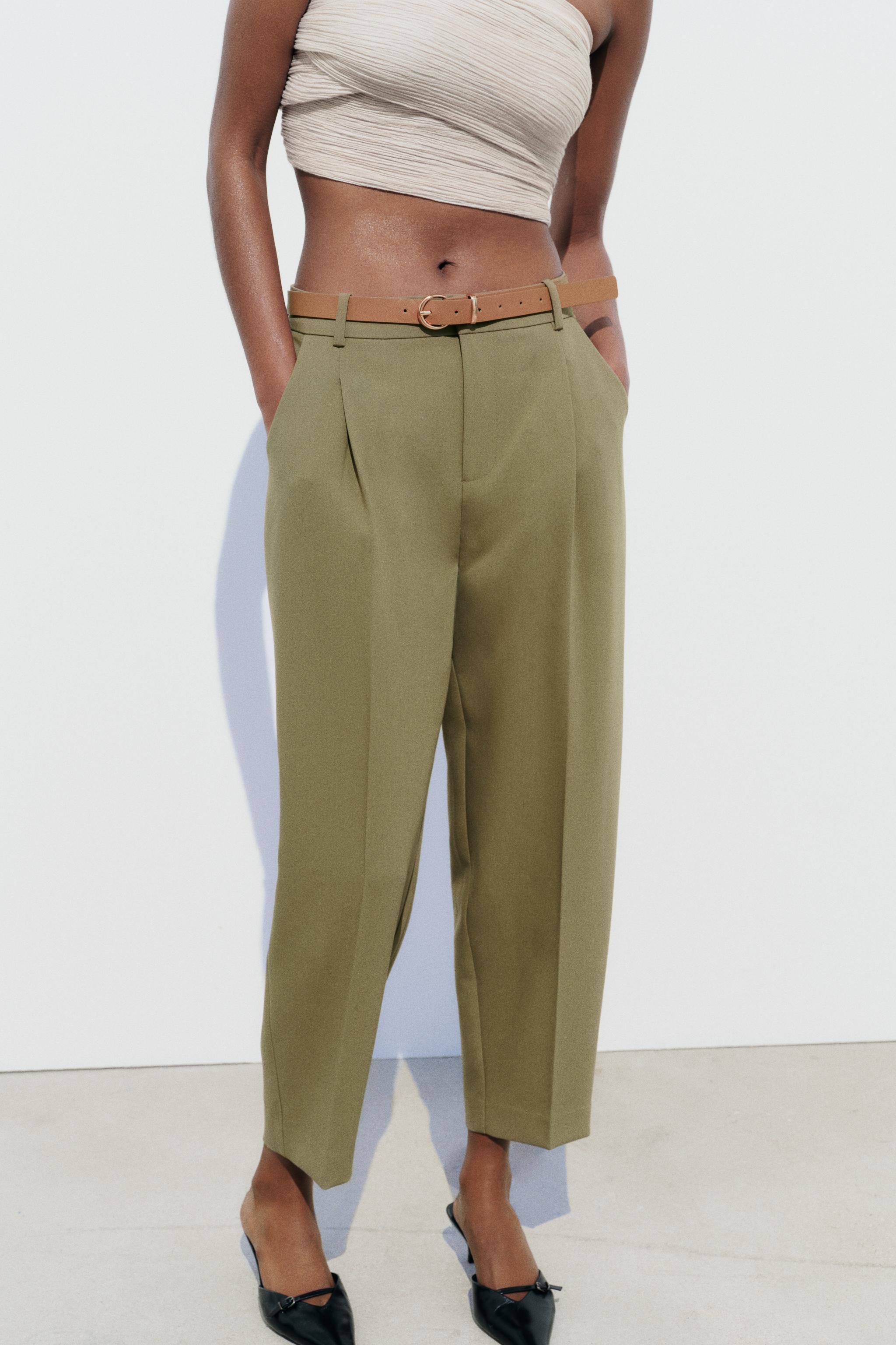 BELTED TAPERED PANTS - Light khaki