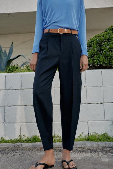 Zara LINEN PANTS WITH BELT AND PLEATS - Navy blue