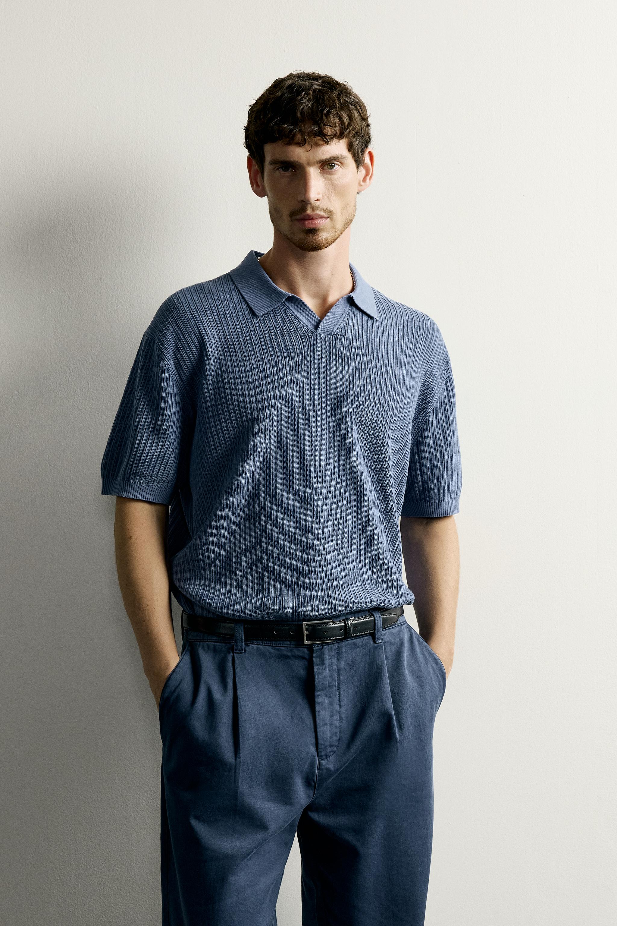 REGULAR FIT TEXTURED KNIT POLO — Faded sky blue
