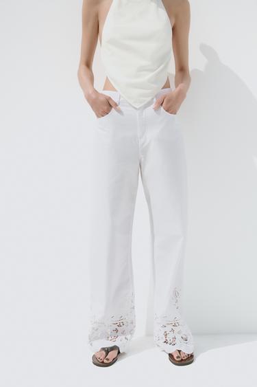 PANTALON DROIT BRODÉ - Blanc de Zara - Image 1