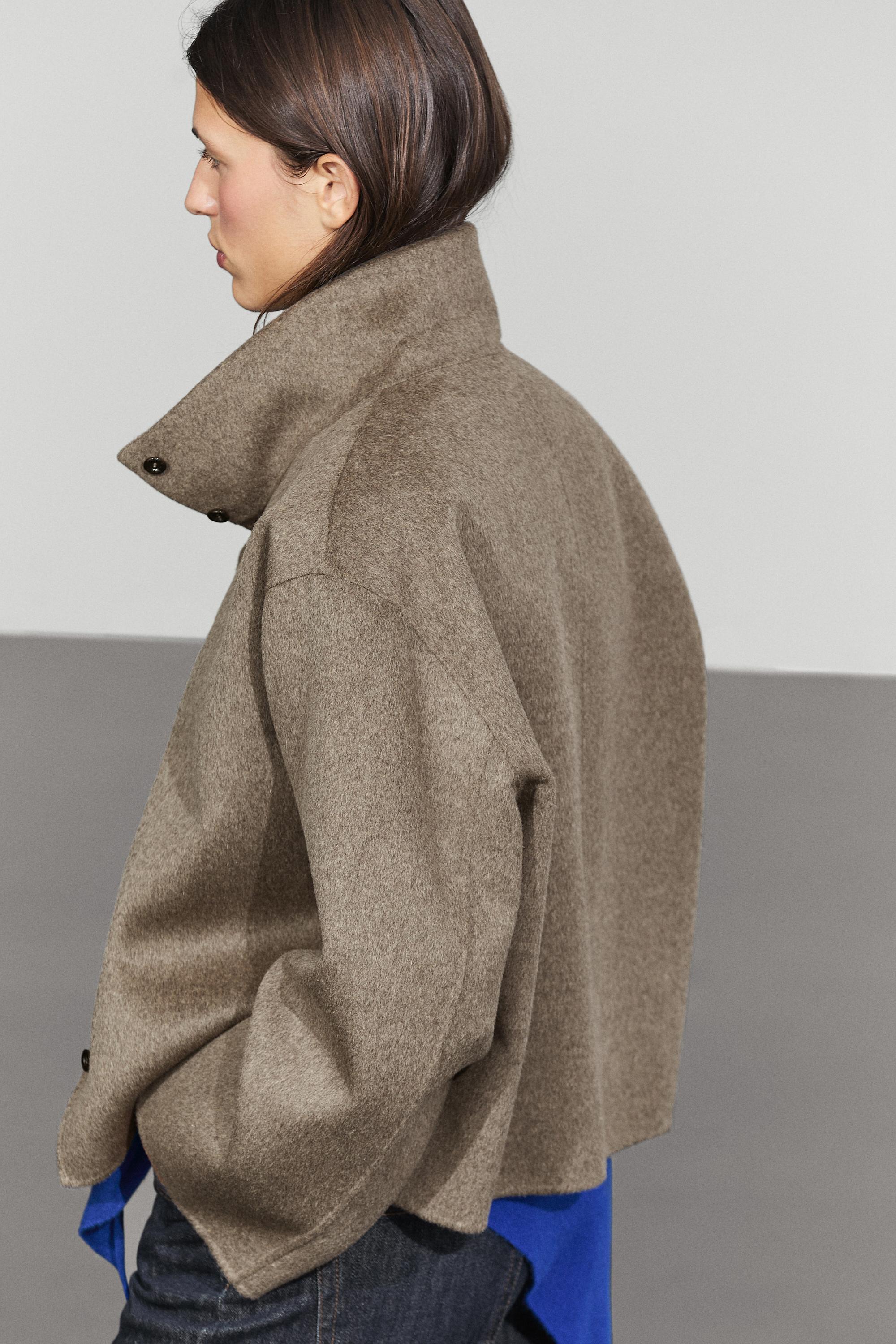 Wool blend stand collar jacket — Dark brown