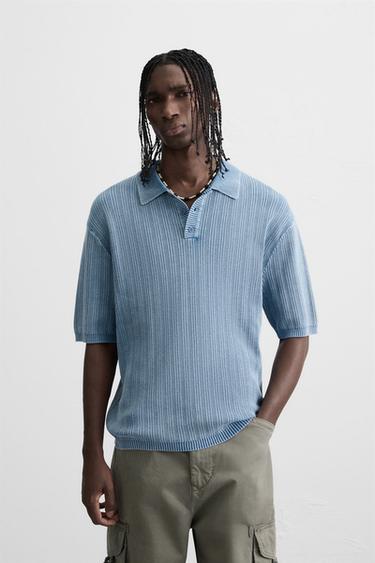WASHED TEXTURED KNIT POLO SHIRT - Faded blue by Zara