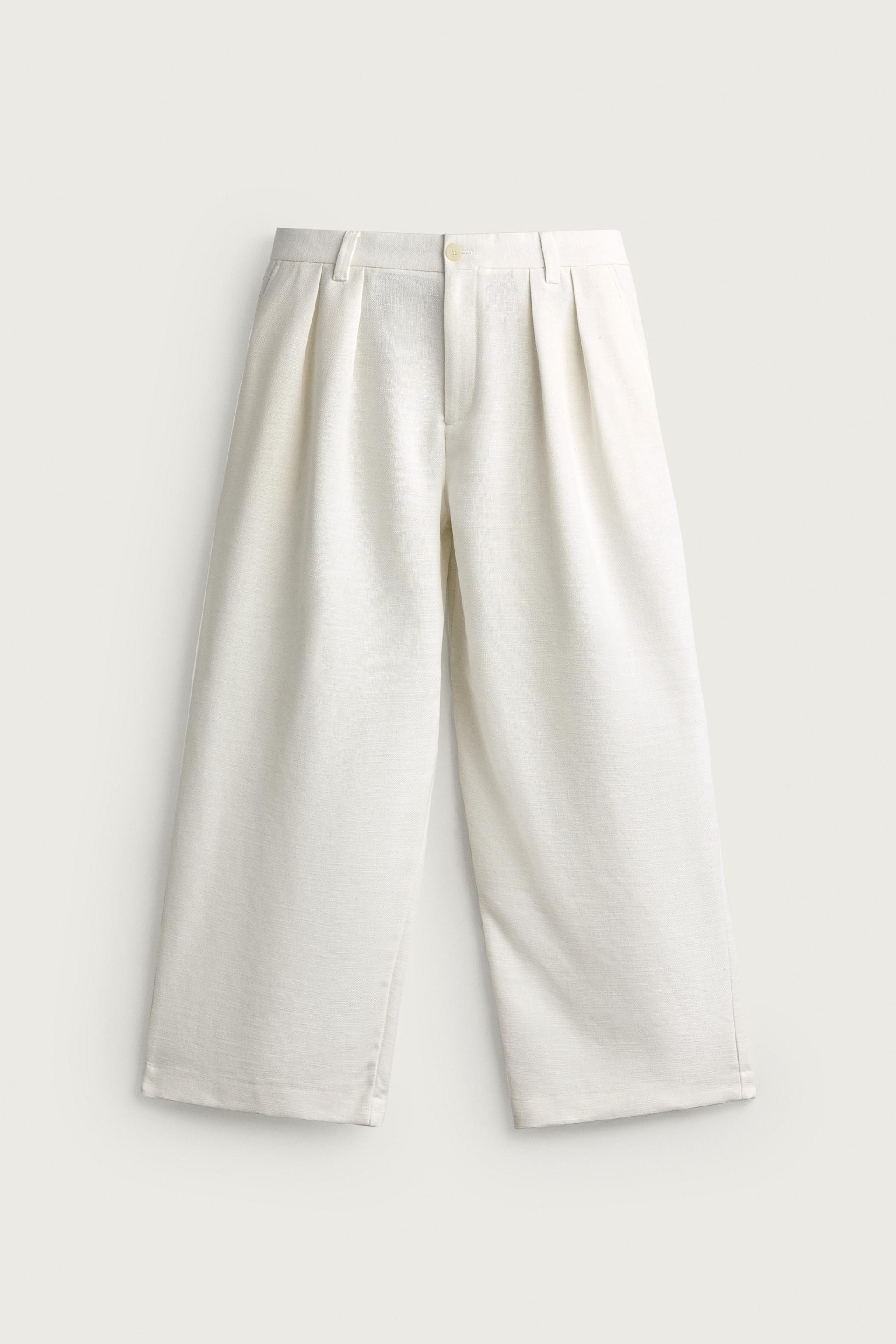 RELAXED FIT STRUCTURED PLEATED PANTS — White