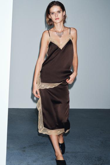 Zara ZW COLLECTION SATIN EFFECT LACE TOP - Brown