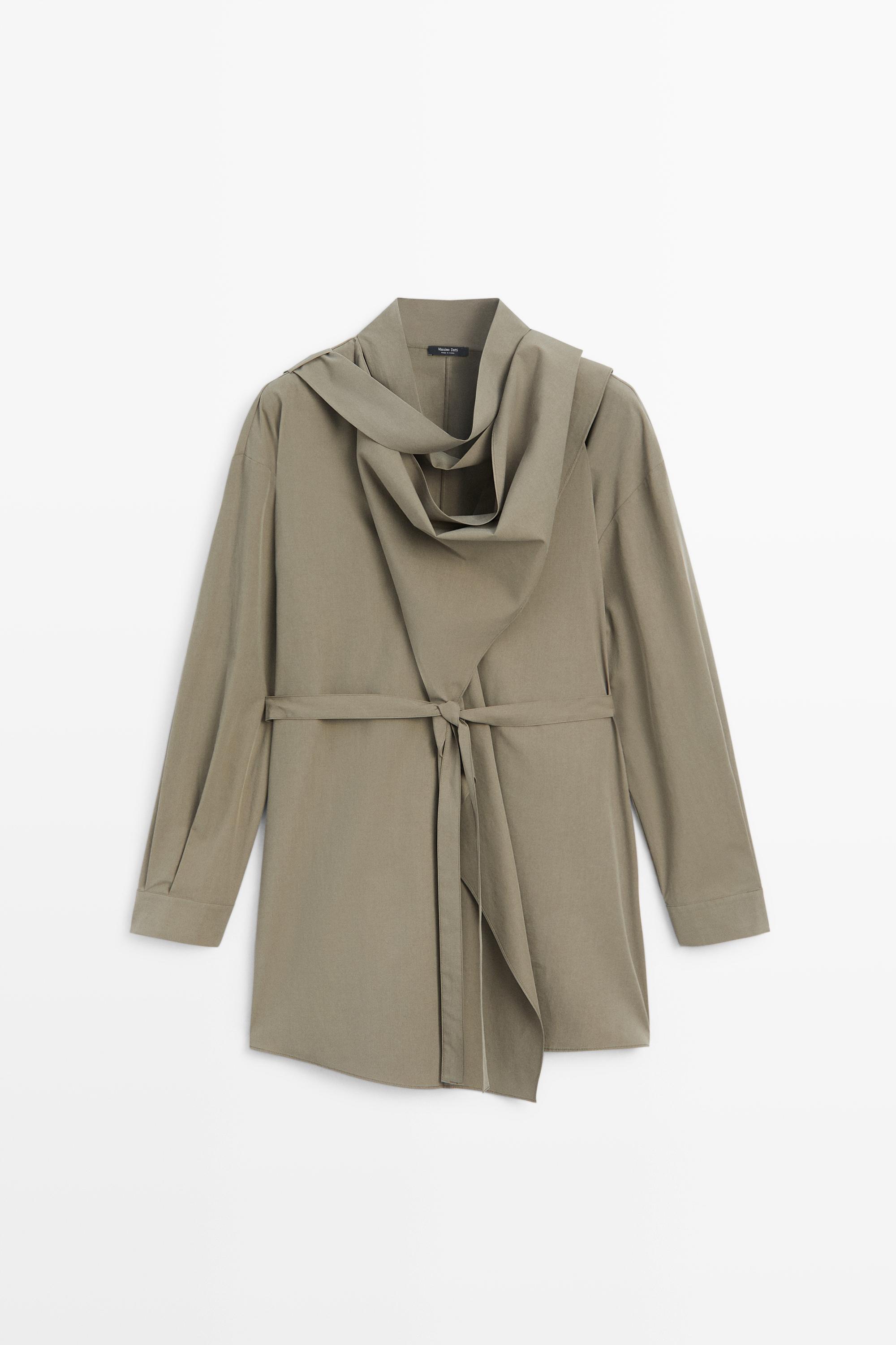 Long flowing cotton-blend blouse with belt