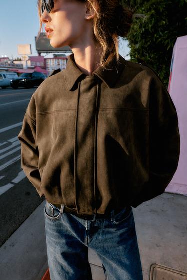 VESTE BOMBER EFFET DAIM - Marron foncé de Zara