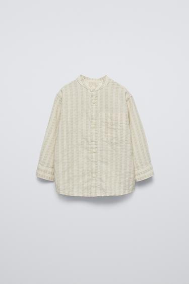 Zara TEXTURED STRIPED SHIRT - Ecru / Green - Image 0