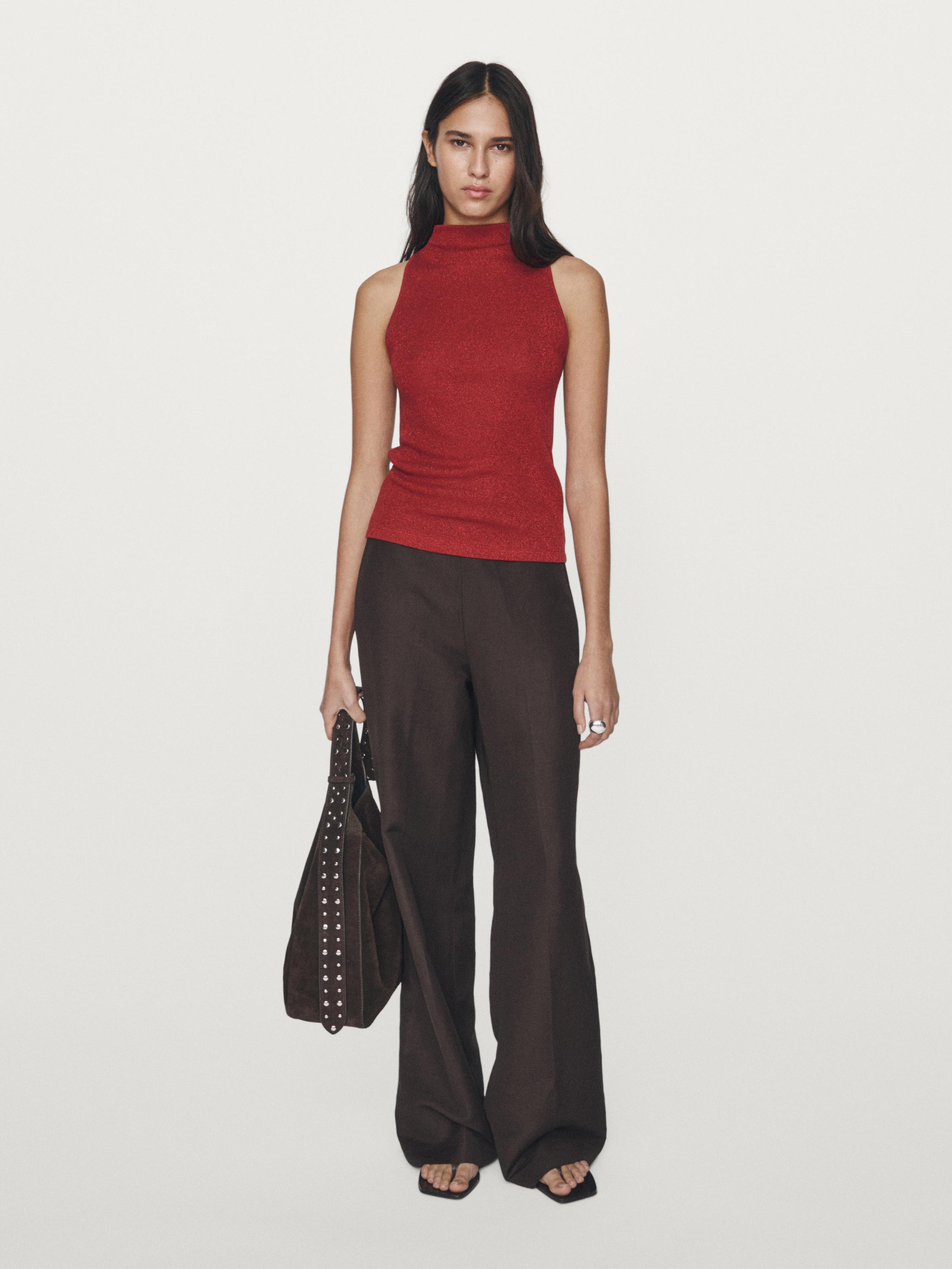 Knit halterneck top with metallic finish