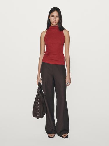 Top en maille à encolure américaine finition métallisée - Orange brûlé de Zara