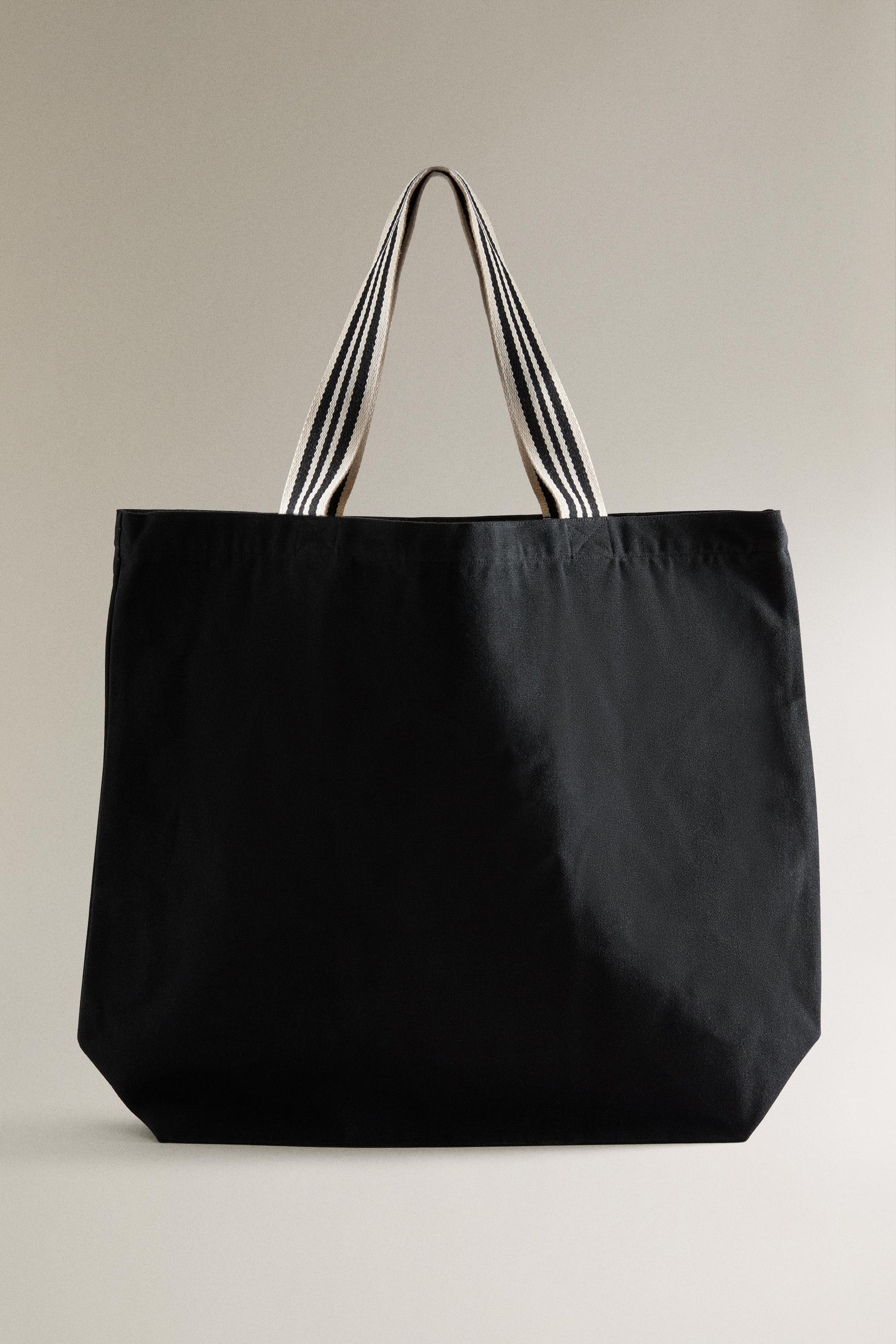 REVERSIBLE FABRIC STRIPED SHOPPER BAG — Black